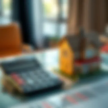 A calculator and house model representing budgeting for a home purchase