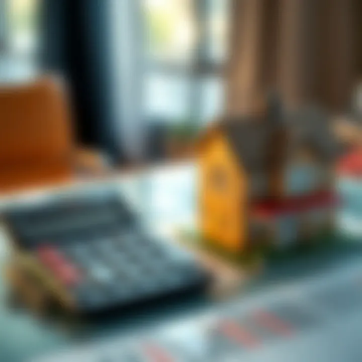 A calculator and house model representing budgeting for a home purchase