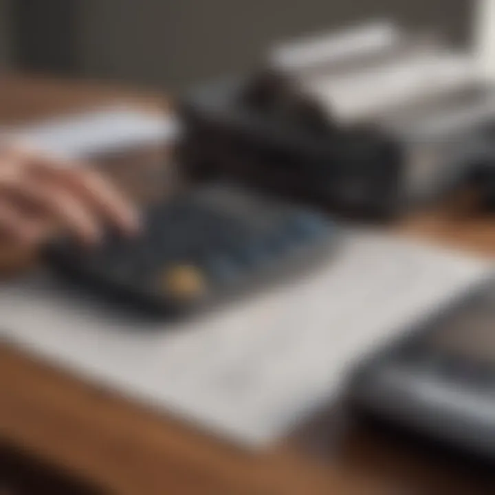 A person analyzing loan options with a calculator and financial documents.