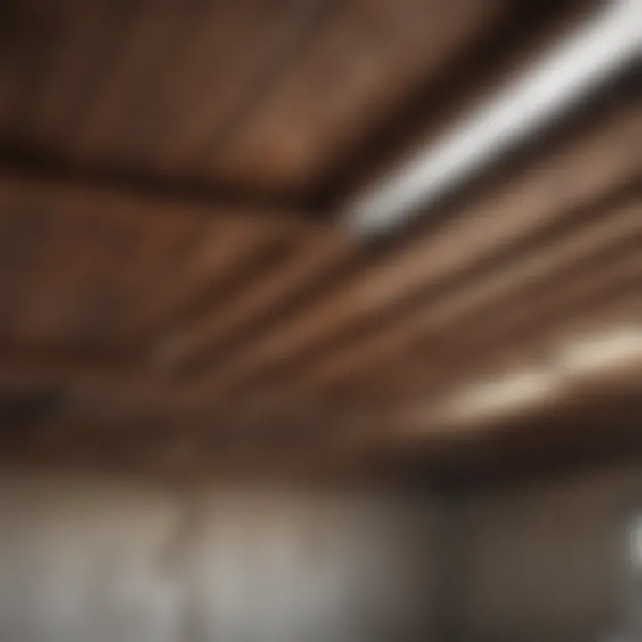 Close-up of a leaking roof with water stains on the ceiling