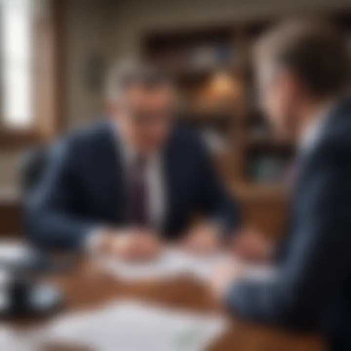 A lawyer explaining legal documents to a client in an office setting.