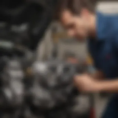 Close-up view of a mechanic inspecting a used car engine to check for any potential issues.