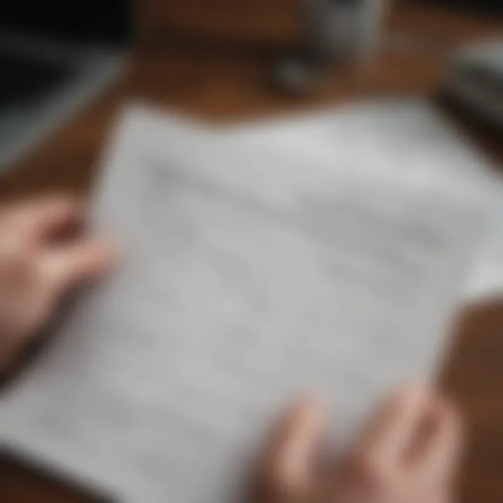 A close-up of a hand reviewing federal grant application forms