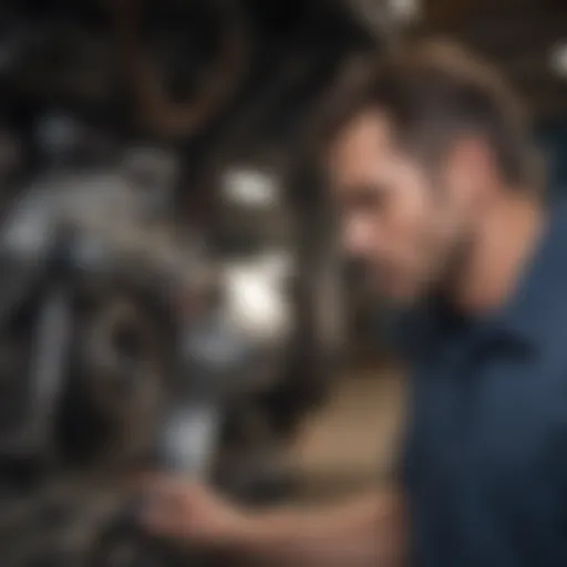 A close-up of an auto mechanic inspecting a vehicle's engine.