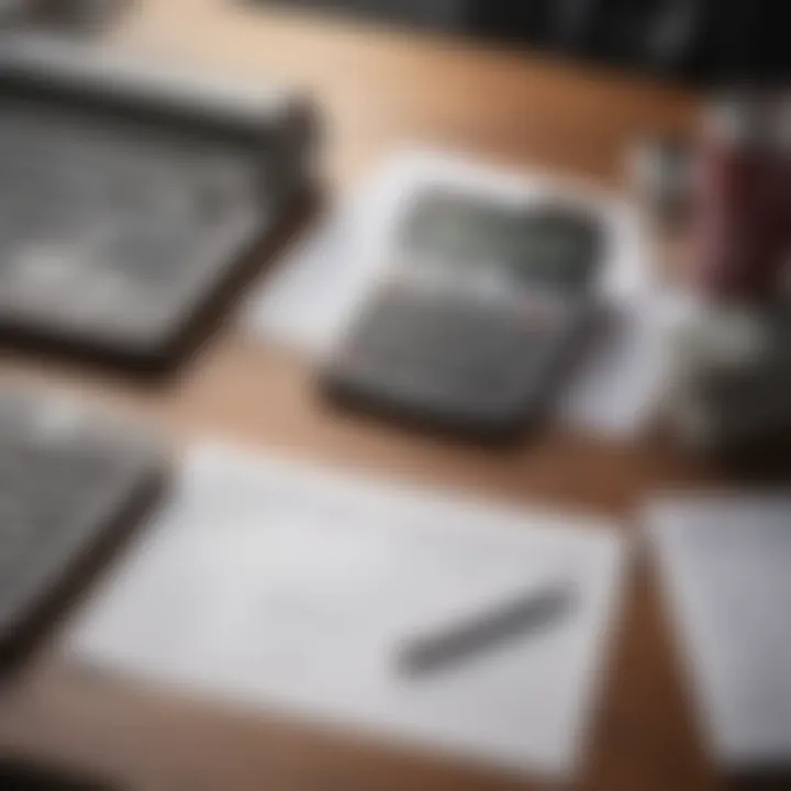 A calculator and financial paperwork on a desk, representing budget planning for a car purchase.