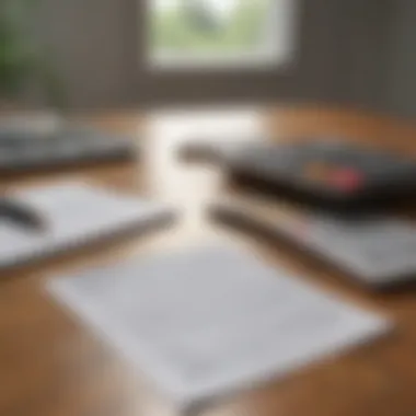 A close-up of financial documents and a calculator on a wooden table.