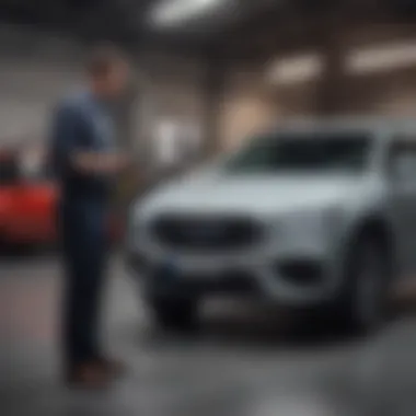 A professional inspecting a vehicle with a clipboard