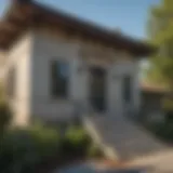 Exterior view of a government foreclosed home showcasing unique architectural features