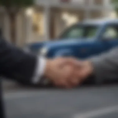 A close-up of a handshake sealing a car sale agreement