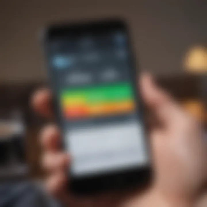 Close-up of a credit score reading on a mobile app