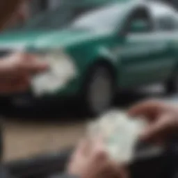 A close-up of cash being exchanged for a car in a private sale