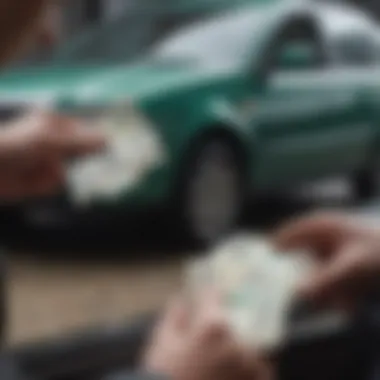 A close-up of cash being exchanged for a car in a private sale