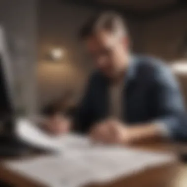 A thoughtful individual reviewing financial documents at a desk