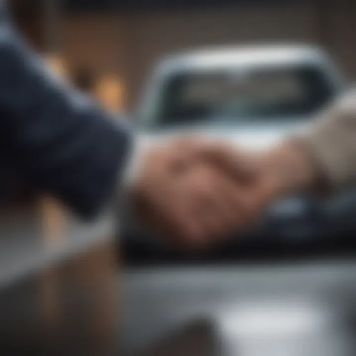 A handshake between two individuals completing a car sale.