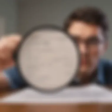 Person reviewing a credit report for potential errors with a magnifying glass