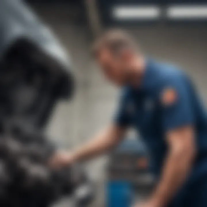 A technician inspecting a vehicle's engine as part of a maintenance routine.