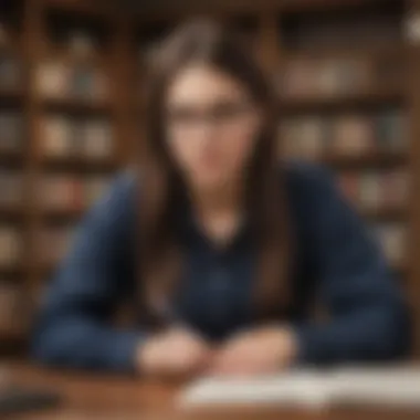 A graduate student researching scholarship opportunities in a library.