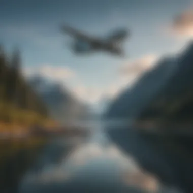 A scenic view of an Alaskan landscape with an airplane flying above.