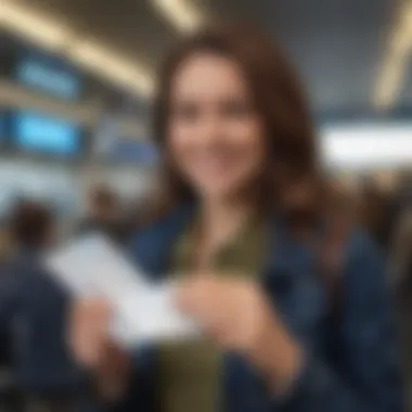 A happy traveler holding boarding passes and smiling in an airport.