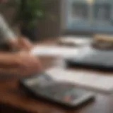 A thoughtful individual reviewing financial documents with a calculator and laptop.