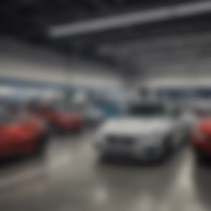 A diverse lineup of cars in a dealership showcasing various financing options