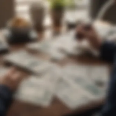 A thoughtful individual reviewing their finances with bills spread out on a table.