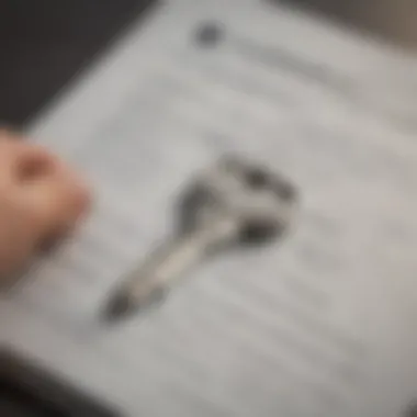 A close-up of a hand holding a key with a financial document in the background.