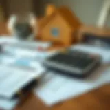 A calculator and financial documents on a table depicting budgeting for a mortgage