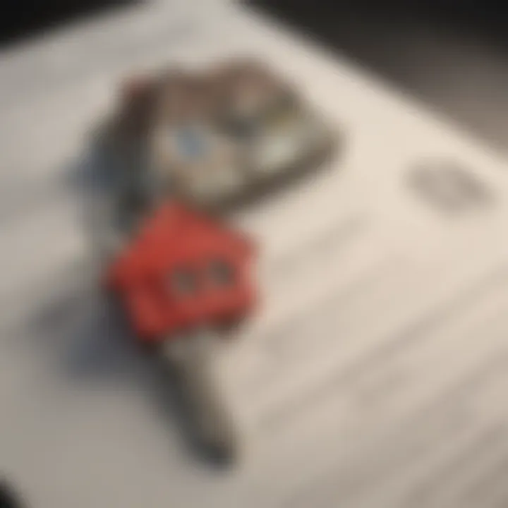 A close-up of a house key alongside a rental agreement.