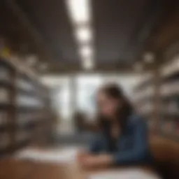 A student reviewing financial aid options in a library setting