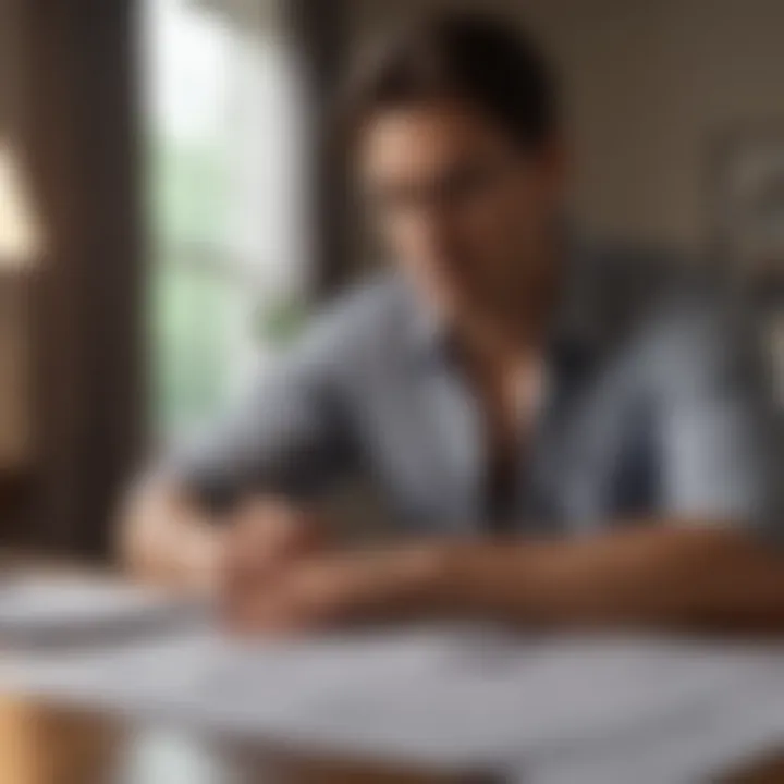 A thoughtful individual contemplating financial decisions with papers spread on a table