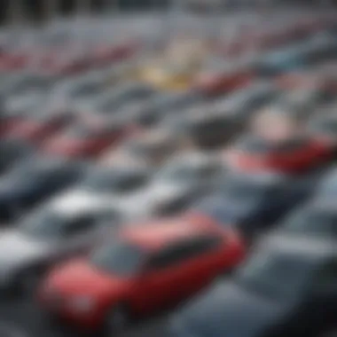 A diverse selection of used cars parked in a dealership, highlighting various models and colors.