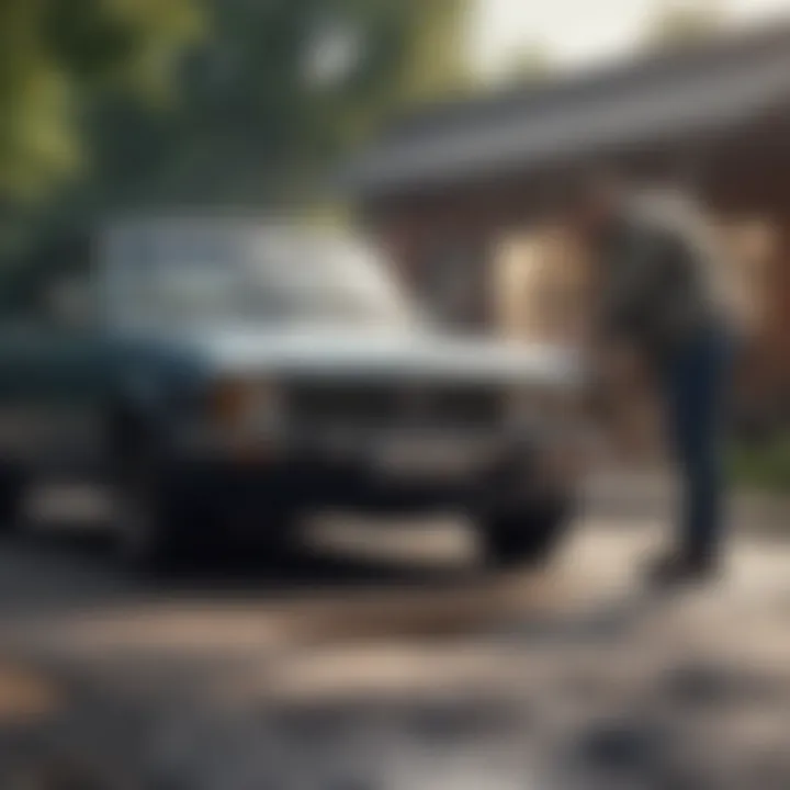 A person examining a used car's exterior under natural light, emphasizing the importance of inspection.