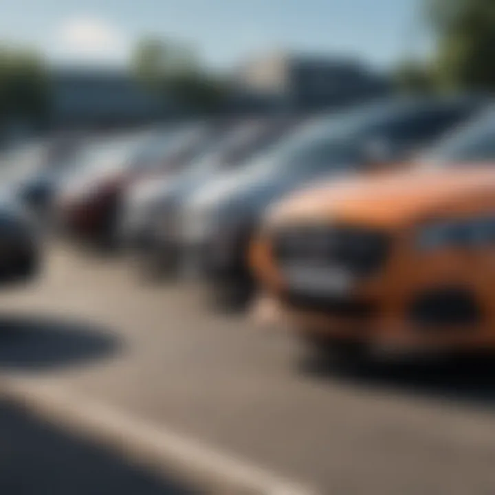 A diverse selection of vehicles in a dealership lot.