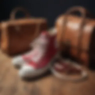 A pair of stylish sneakers placed next to a trendy handbag on a wooden surface