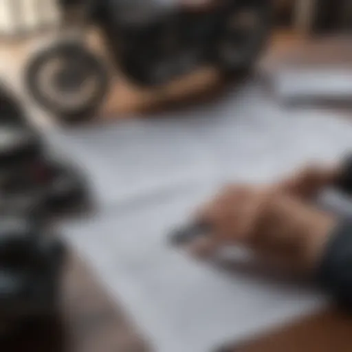 A person analyzing motorcycle loan documents with a calculator