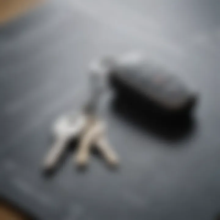 A close-up of a car key on a financial report.