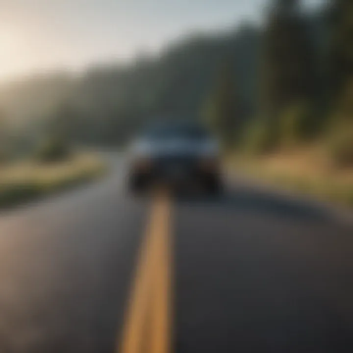 A serene road with a car driving in the distance.