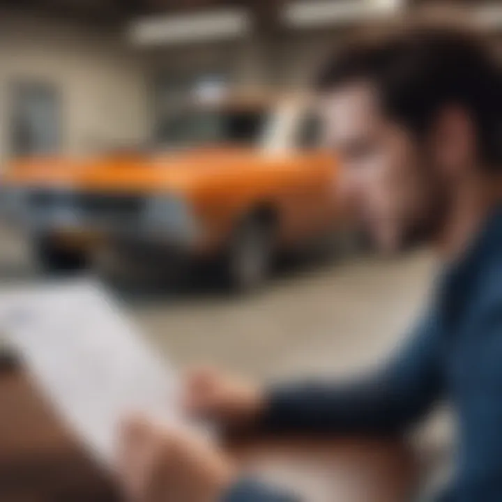 A focused shot of a person reviewing auto loan paperwork, displaying diligence in financial decisions.