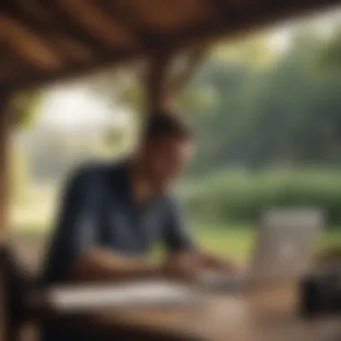 An entrepreneur analyzing grant options with a laptop in a serene rural setting