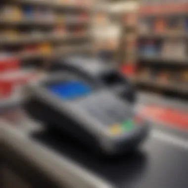 A close-up of a credit card reader at a store checkout, symbolizing store credit utilization.