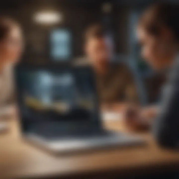 A diverse group discussing financial options over a laptop.