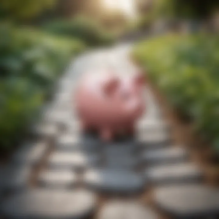 A serene garden with a piggy bank placed on a stone pathway.