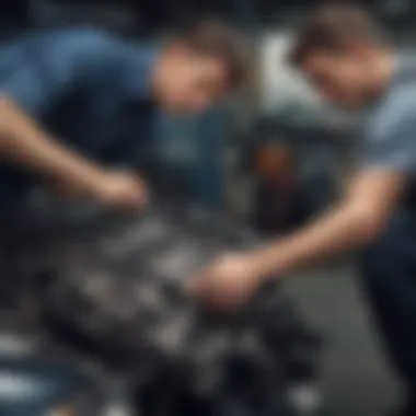 A detailed view of a mechanic inspecting a car's engine.