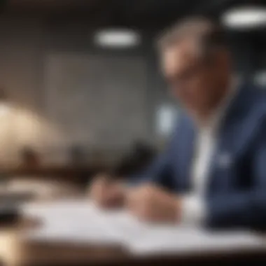 A business owner reviewing financial documents in a modern office setting.