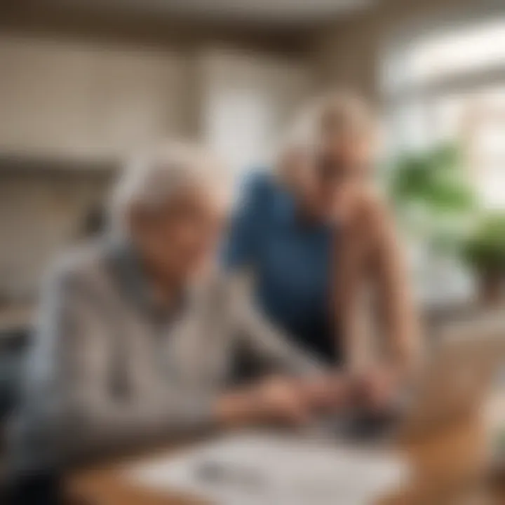 An elderly person examining a home listing on a laptop with a financial planner