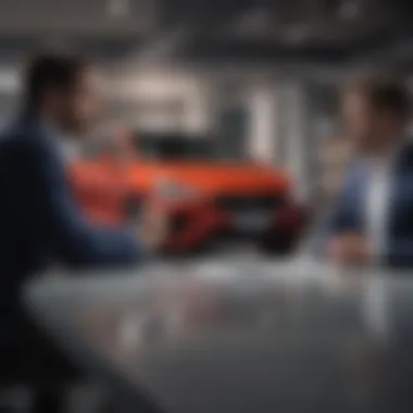 Confident Negotiation A confident buyer negotiating with a dealer at a car showroom