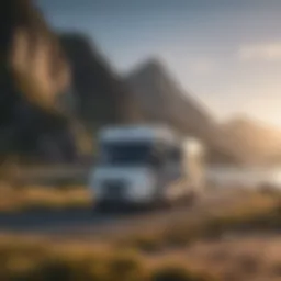 A scenic view of a motorhome parked in a picturesque landscape